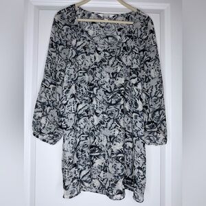 Krazy Kat Womens L Blue/White Floral Tunic Top Blouse Gauzy Sheer Overlay Flowy